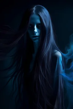 female blue ghost, long hair, beautiful, aggressive, dark style