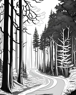 draw a forest road landscape with trees on the sides