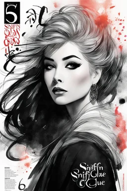 SNIFFIN’ GLUE magazine high res photo cover for special issue #666 (May 2035) on traditional calligraphy brush, expressive line, ink washed on a woman figure. a ray of light in a world plagued by chaos due to geopolitical tensions and global warming., [a lot of writing and table of content issues like indie magazines]