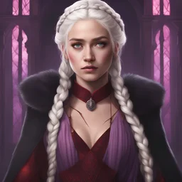 game of thrones; fantasy; digital art; portrait; soft details; soft light; female; teenager; princess; targaryen; white hair; braided hair; violet eyes; red and black clothes; royal clothes
