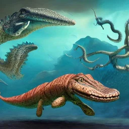 beautiful, stunning paleoart of serpentine eel with alligator head swimming underwater, coral reefs, plants, in the style of eleanor kish, davide bonadonna, julius csotony, fabio pastor, wide field of view, Masosaurus, photorealistic, illustrative, digital art, 8k resolution, detailed matte, painting, artwork, deviantart