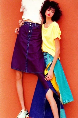 year 1996 denim fashion. Loose skirt, low waist. Colors: denim blue, blue, purple, cream, khaki, light green, lilac, plum, orange, terracotta, red, light yellow, lion yellow, pink, dark blue, beige. Gwen Stephani