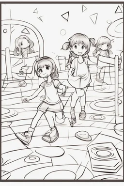 Little girls playing in a playground with a mix of different shapes like circles, squares, and triangles.,very happy , Colloring page for todlliers ; basic hawali style cartoon , black and white , ink outlines , , smooth , anime style , minimalist , cute eyes , full body , white shose , sketchbook , realistic sketch , free lines , on paper , character sheet , clean line art high detailed