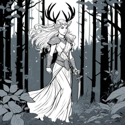 [comics Head Lopper style by Andrew MacLean] She is an Elf, her ethereal beauty matched only by her mastery of ancient magic. Like a whisper of wind through the trees, she moves through the forest with the agility of a deer, her steps leaving barely a trace on the forest floor. The shimmering leaves above seem to part in reverence as she passes. Crouching down by the riverbank, the Elf dips her slender fingers into the cool, clear water. Ripples spread outwards, reflecting the dappled sunlight