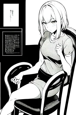 blonde girl speaks sitting on a chair, grayscale