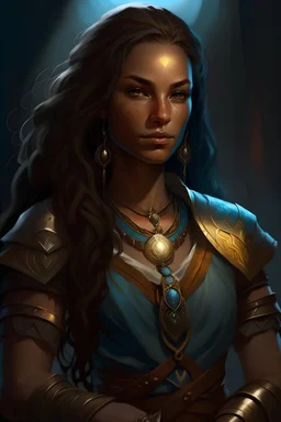 female kalashtar from dungeons and dragons, ranger, long and dark hair, cool colors, woman of color, realistic, digital art, high resolution, strong lighting