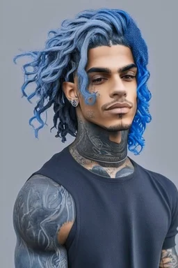 longish blue wavy hair, brown skin, grey eyes, tattoos, black turtle neck clothing