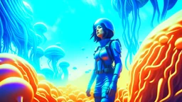 woman with black hair, in a tight spacesuit, without a helmet, walking through Alien mushrooms with jellyfish tentacles in an alien forest, photorealistic, Deep Colour, Intricate Detail, sunshine, blue sky