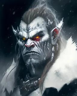 character, portrait, shoulder and head, orc, silver metallic skin, draconic, dragon details, scales, jewelry, bulk, watercolor style, paint style, dark background, volumetric light, bokeh, rage, furious, wrath, long bread hair, eye scar, heavy armor, scream, intimidating staring at camera, 50mm, snow e cold enviroment