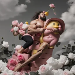 A big, hairy muscular man in a velvet Prada shirt sits in a field of pink roses next to yellow plastic ducks, eating candy, and Adidas boxes next to him.