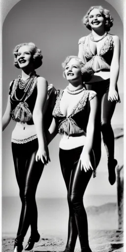 Four Ziegfeld Girls on leggings walking