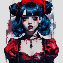 Poster in two gradually, a one side malevolent goth vampire girl face and other side the Singer Melanie Martinez face, full body, painting by Yoji Shinkawa, darkblue and red tones,