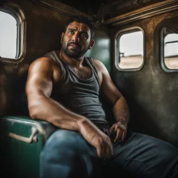 photography of a burly ugly beefy arab farmer 36 years old man sitting in the train, relaxing, shirtless, manly chest, hairy allover, in boxer, bulge, tattoo, broken teeth, serious, short beard, curly hairs , view from below, photorealistic, side lights, Ground-Shot Angle