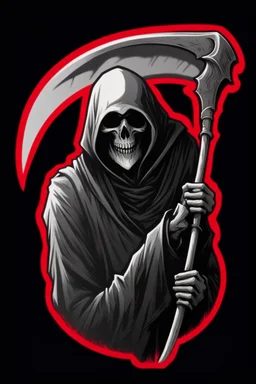 Grim-Reaper gripping scythe, vignette, black and white graphic novel style with a red outline, and black background,