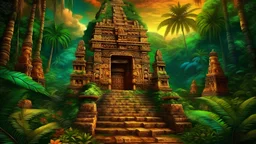 Mayan civilization, Inca civilization, Heaven's gates open to a strange world jungle palms 8k, (Vibrant colors, rich cultural symbolism:1.2), (Enigmatic aura, otherworldly presence:1.1).