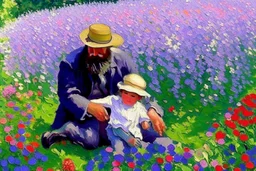 An oil painting of a father with his son in a flower garden by artist "Claude Monet"