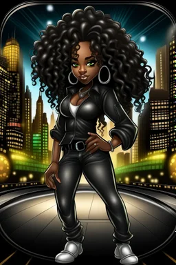 Create a digital airbrush cartoon of an African American female wearing a black jean outfit with timberland boots. Prominent make up with hazel eyes. She is wearing large diamond hoop earrings. Extremely highly detailed very long curly hair that shines. Background of a night club.