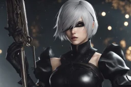 Beautiful 2B with blindfold in 8k nier automata artstyle, 2B them, 2B Custom, blindfold, close picture, rain, fantasy world, intricate details, highly detailed, high details, detailed portrait, masterpiece,ultra detailed, ultra quality