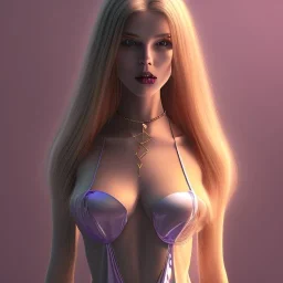 alluring slim witch of darkness in tight purple dress with very long brown hair and blonde bangs