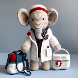 A whimsical crochet doctor elephant, wearing a crochet white coat and a stethoscope around its neck, with a crochet medical bag slung over its shoulder.