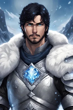 1 man, with blue eyes and black hair man in silver Viking armor with fur around the neck with blue crystal on his chest , in the artic, warrior in anime style,