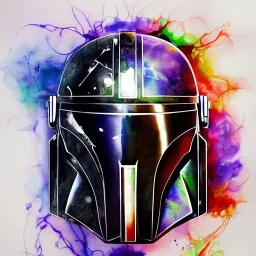 photorealistic the mandalorian helmet with multicolor painting, illustration by <agnes cecile> <Yoji Shinkawa>, ornate and intricate details , soft smooth lighting, concept art, black satin background,