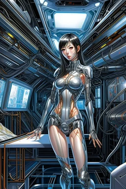 A digital painting by Kuniyoshi and Hajime Sorayama of full body tech beautiful cyborg girl inside a futuristic matrix.