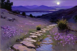 Night, purple flowers, pathway, mountains, rocks, little puddle, theodore robinson impressionism painting