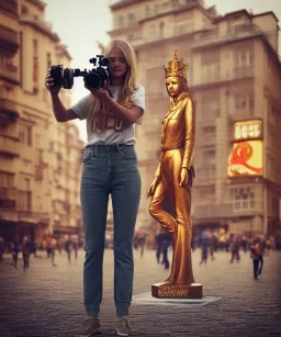 Statue of Queen of photography. Cute blonde woman. Photographer in golden crown. Standing on the street. Big camera in her hand. hyperdetailed, photorealistic, trending on artstation, greg rutkowski, beksinski, kodachrome, lomography, golden hour, bokeh, volumetric light