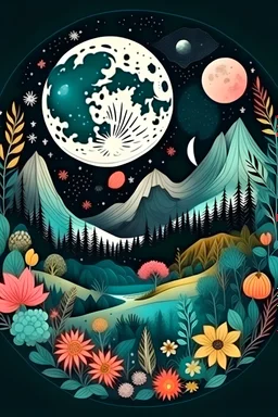 Boho Chic Floral Forest Nature Mountain Moon