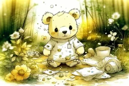 close-up of a cute chibi teddy bear packing piles of white clothes in the forest, laundry machine, grass and flowers next to him, melting watercolour and black ink outlines on wet paper, photorealistic, golden glitters S<AI in sunshine, ethereal, cinematic postprocessing