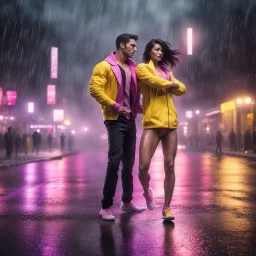 Hyper Realistic handsome-muscular-man-with-short-black-hair wearing yellow-&-black-tuxedo dancing with a beautiful-woman wearing pink-&-purple-hoodie at heavy-rainfall-night with dramatic-&-cinematic-ambiance on an empty road