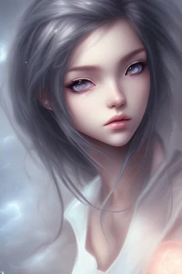 Realistic misterious Anime girl close and personal in stormy background