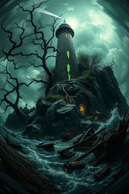 in the style of Fisheye lens. detailed close-up concept art of a Lovecraftian horror, chthon island featuring a decaying lighthouse light beam. Focus on gnarled trees around rocky cliffs, with the lighthouse showing deep cracks and glowing substance oozing from them. Include hints of nightmarish creatures beneath turbulent waters. The stormy sky casts an eerie and green glow, with shipwreck debris and ancient ruins scattered on the shore to emphasize the sense of dread and abandonment