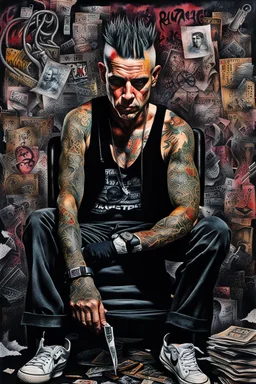 Ultra detailed medium portrait painting of a man, sitting on chair,ex-ganster in jail tattoos, rough look, bold, tear tattoo on face, mascara, evil look, chaos dark background,torn up collage of photo clippings, broken circuitry background, matrix effects, punk visual art, punk art aesthetic, graffiti art, pop surrealism, collage art, cluttered paint glitches