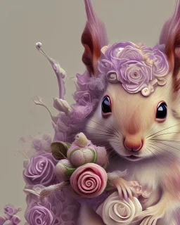 Ultra realistc natural baby squirrel in white dress with white hair. Around lilac, indigo, bianco giallo and pink natural roses. White backgroung. An intricate detailed white 3D paper patchwork, crown, diadem, fantasy, rose tones, beautiful