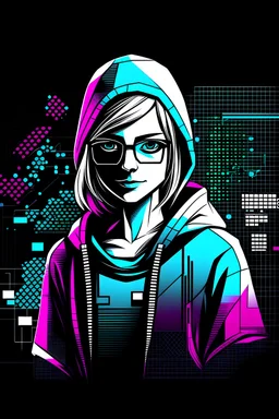 Create a graphic picture of an girl hacker with an huddie, using these colors HEX #e5cff8 HEX #9268e6 and black and white to be used as a logo