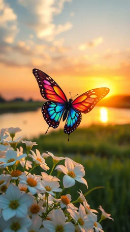 a butterfly colorful Wings holding kite by the river at sunset surrounded by white flowers