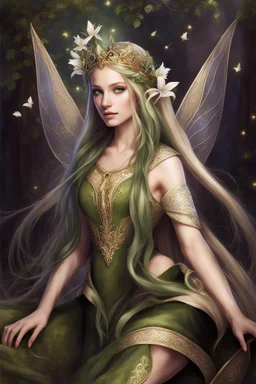 Golden Hair,Green eyes, Very long blonde hair. Rapunzel,beautiful ,flawless,long blonde hair,fairy crown, elven crown,sparkle,lily of the valleys,elven ears,pointed ears