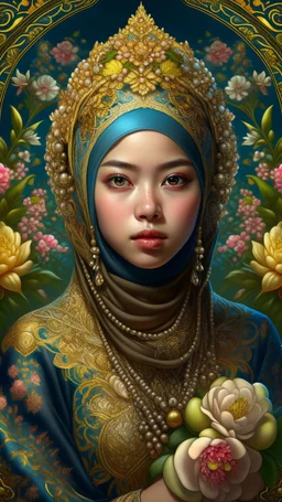 Beautiful facee Indonesia hijaber Princess front view portrait, adorned with giant Jasmine, and lily flower ,roses , golden pearls , zafir gemstone headress, wearing floral, lace, pearls, zafirs ornate Iranian costume, organic bio spinal ribbed detail of Iranian style full jasmin and rose and persian garden background by the moonlight extremely detailed hyperrealistic maximalist portrait art, 8k