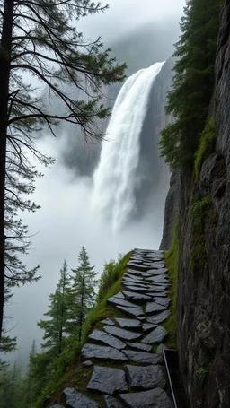 Trees on the sides of narrow stone path above the ground gradually getting higher into the clouds no railings, dangerous drop , weather is wet spiraling into the clouds fantasy, a waterfall in the background