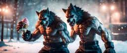 photo shoot of self aware werewolf boxing with shadow creature in ice cream and snow, in fallout 4 setting, bokeh, downlight, prize winning, depth of field, in the style of ivo caprino