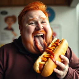 happy fat man with red hair eating a big hot dog, realistic photo, big mouth open, "Karlsson på taket" vibes