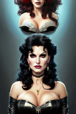 painting of lisa ann as evil queen in black leather, feminie, angry, stern look on her face, volouptous, busty, cleavage, emperious, mature, highly detailed, digital painting, artstation, concept art, smooth, sharp focus, illustration, art by gaston bussiere and alphonse mucha