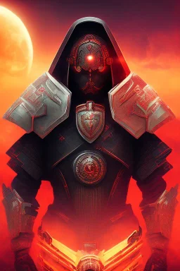 Portrait of a dangerous Futuristic warrior, dark scenery, red moon