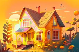 House illustration, realistic, detailed, illustrative, childrenbook style, Yellow house, sunset, cute plants