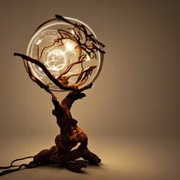 a gorgeous, stunning table lamp made of twisted, gnarled wood with illuminated globe of light hanging off one branch, muted color background, 8k resolution, high-quality, fine-detail, photorealistic, intricate, digital art, detailed matte, volumetric lighting, illustration, 3D octane render, brian froud, howard lyon, selina french, anna dittmann, annie stokes, lisa parker, greg rutowski, George Grie, Ben Goossens, Igor Morski