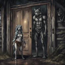 fantasy digital art of young female anthro wolf in gray hairy wolf body and wears just a short canvas rag around her waist , sadly crying face stands in the rain front the door, behind her an tall anthro dark hairy wolf man standing behind in rustic halb open door in an massive wooden house, deep colors, rainy day, detailed, anthropomorphic creatures, fantasy, sci-fi mood