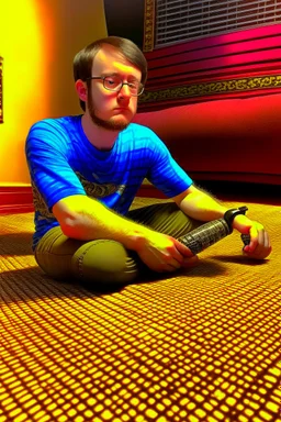 sneaky steve sitting on the carpet while using a woopy jangler to snoop a doot