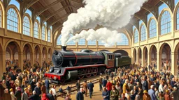 The image is a painting of a train station with a large crowd of people gathered around the tracks. The train is a steam locomotive with a black and red color scheme and is traveling through the station. The station has a high ceiling with arches and pillars, and there are several large windows on either side of the train. Above the train, there is a large plume of white smoke rising from the chimneys. The sky is blue and the overall atmosphere of the image is bustling with activity. The people